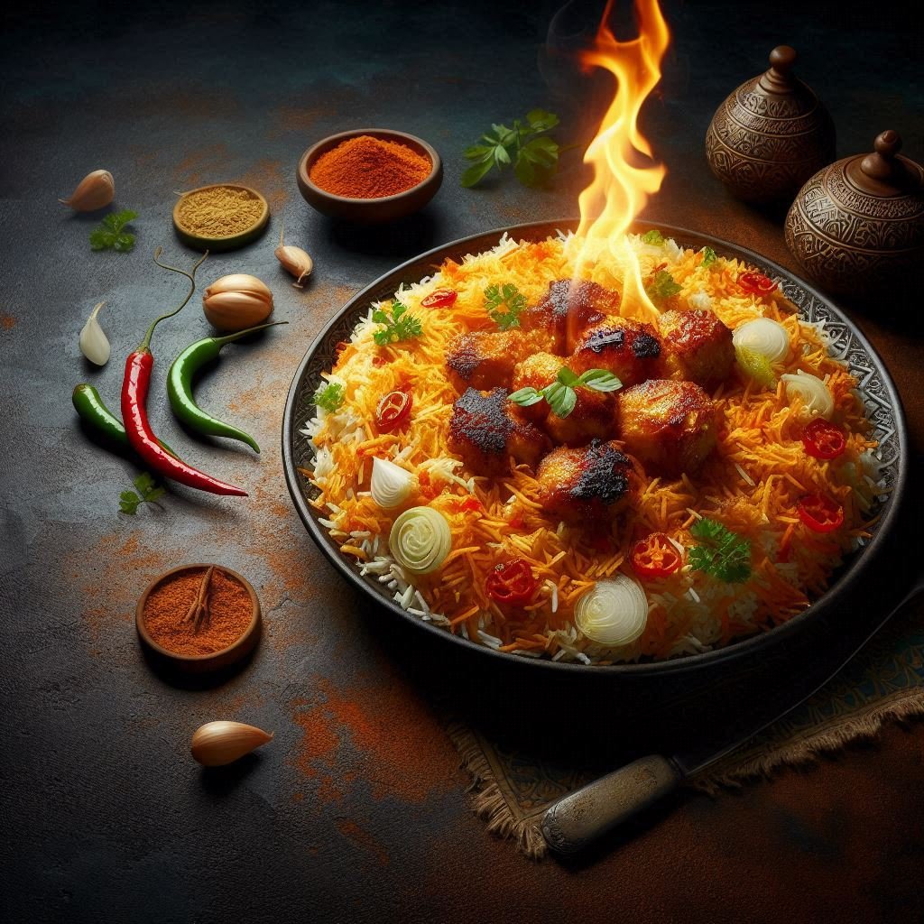 realistic image of a plate of biryani on the left side with a flame effect at the bottom landscape rectangular format dark brown black background color